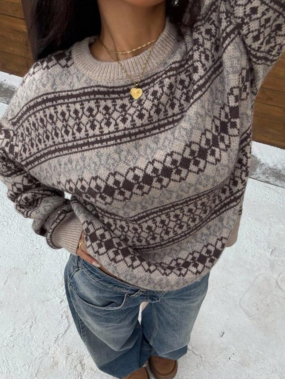 SOFT Fair Isle Crewneck Sweater - Beige with Brown Pattern